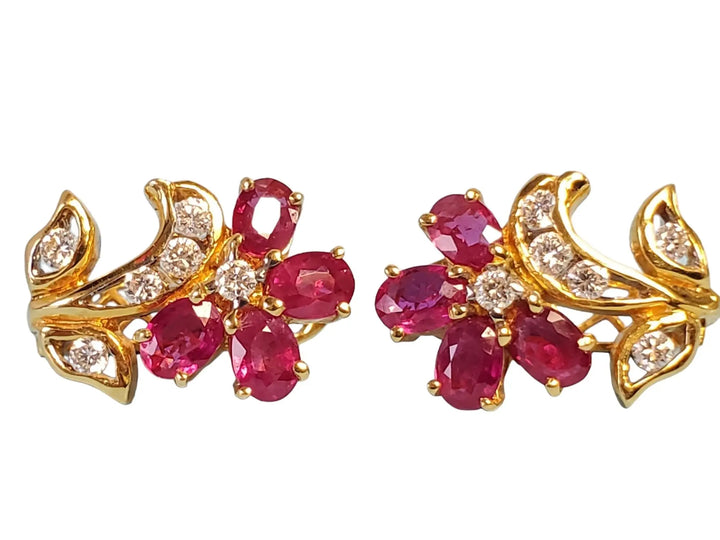 18k Yellow Gold Flower Earrings with VS Diamonds and Oval Rubies - Joseph Diamonds