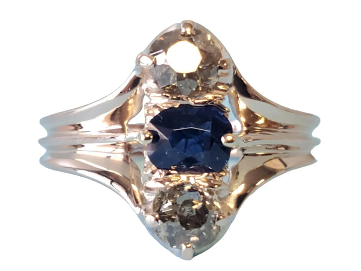 Antique 14k 3 stone Ring Mine Cut Blue Sapphire with Old Euro Diamonds