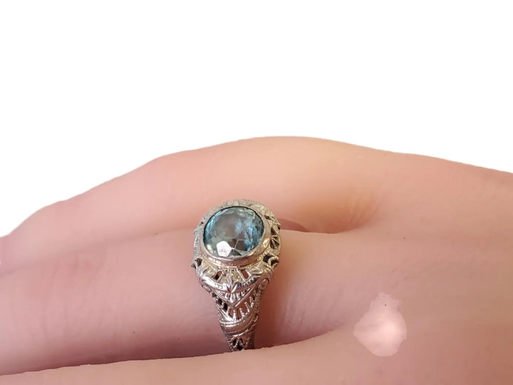 Antique Art Deco 18k white gold Filigree Ring with 7.5mm Blue Zircon - Joseph Diamonds