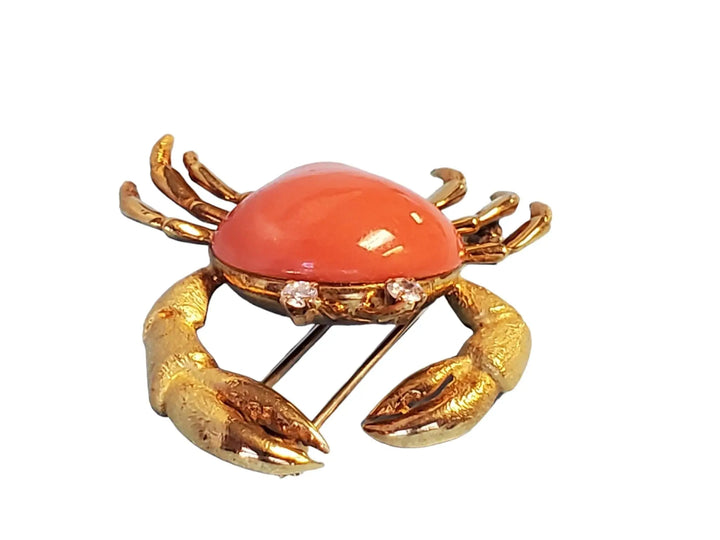 Estate Vintage Crab Brooch Pin 18k Yellow Gold Angel Skin Coral Body VS Diamonds - Joseph Diamonds