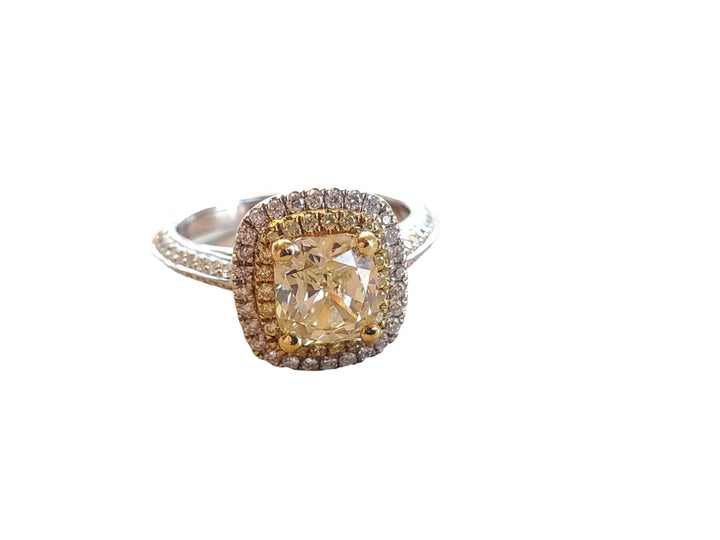 Fancy Yellow Diamond Ring 2tcw 18k White Gold Ring 1.41ct cushion Diamond Center - Joseph Diamonds