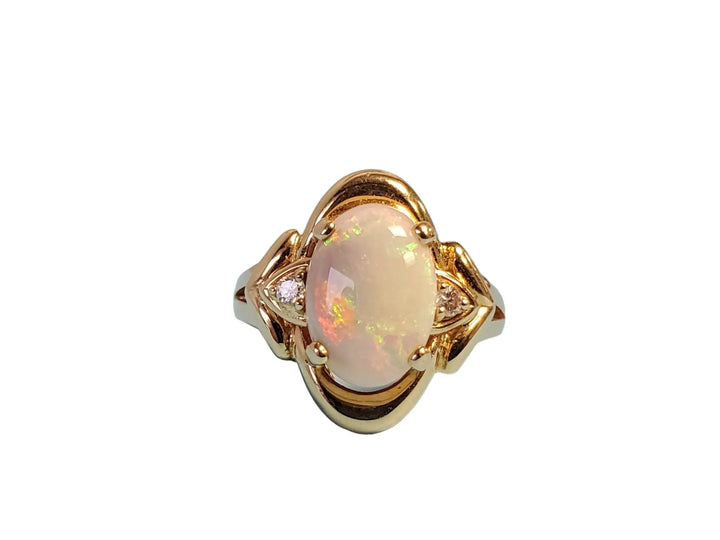 Opal 14k yellow gold diamond ring designer large white opal center diamond band - Joseph Diamonds