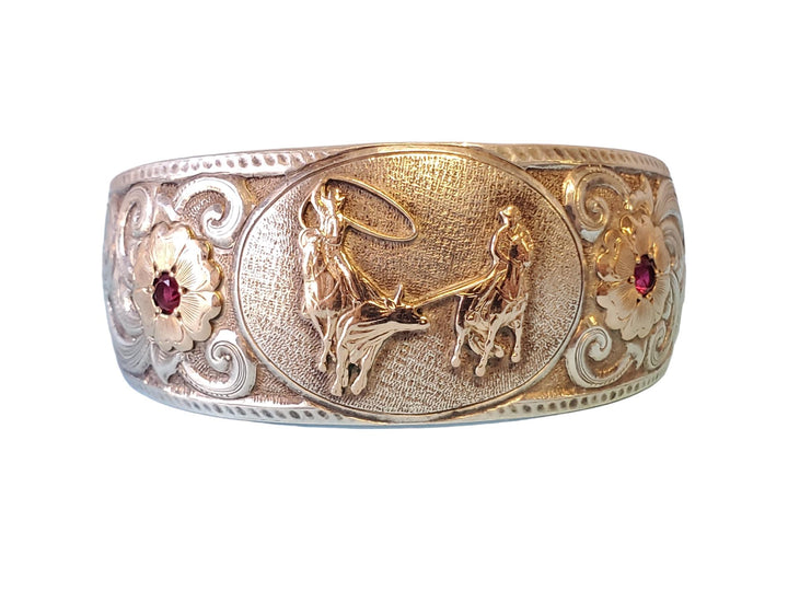 Vintage Gist Signed Sterling Cuff Bracelet Cowboy Motif with gold accents