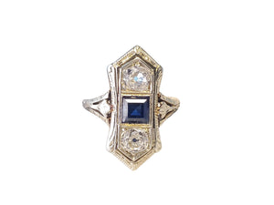 Art Deco 18k/14k Old Euro Diamond and Sapphire 3 Stone Ring .66tcw Diamonds