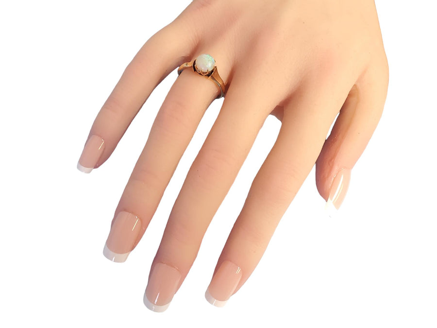 Vintage 14k Yellow Gold Round White Opal Crown Solitaire Engagement Ring