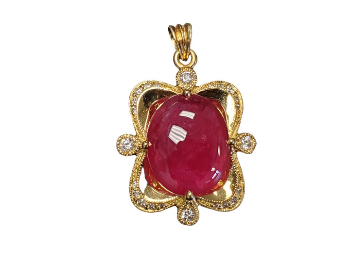 Vintage 18k Yellow Gold Huge Burma Red Ruby Cabochon and Diamond Pendant