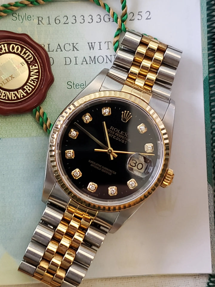 Rolex Men's Datejust Watch 16233 Black Diamond Dial w/ box and papers - Joseph Diamonds