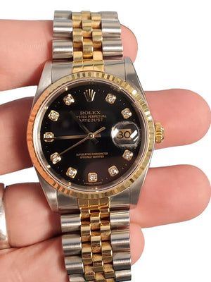 Rolex Men's Datejust Watch 16233 Black Diamond Dial w/ box and papers - Joseph Diamonds