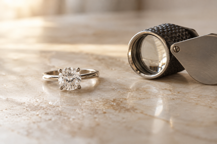 Natural diamond solitaire ring in its setting beside a jeweler's loupe on a warm ivory surface