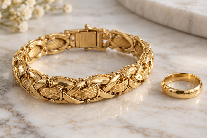 Detailed vintage gold bracelet beside a gold ring on a light stone surface