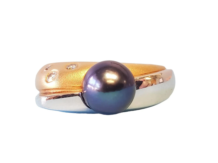 14k Signed HK Estate Ring Tahitian Pearl Rose and White Gold with VS Diamonds - Joseph Diamonds