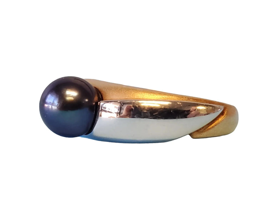 14k Signed HK Estate Ring Tahitian Pearl Rose and White Gold with VS Diamonds - Joseph Diamonds