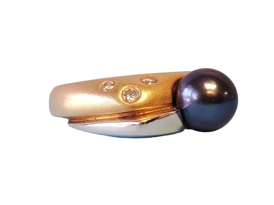 14k Signed HK Estate Ring Tahitian Pearl Rose and White Gold with VS Diamonds - Joseph Diamonds
