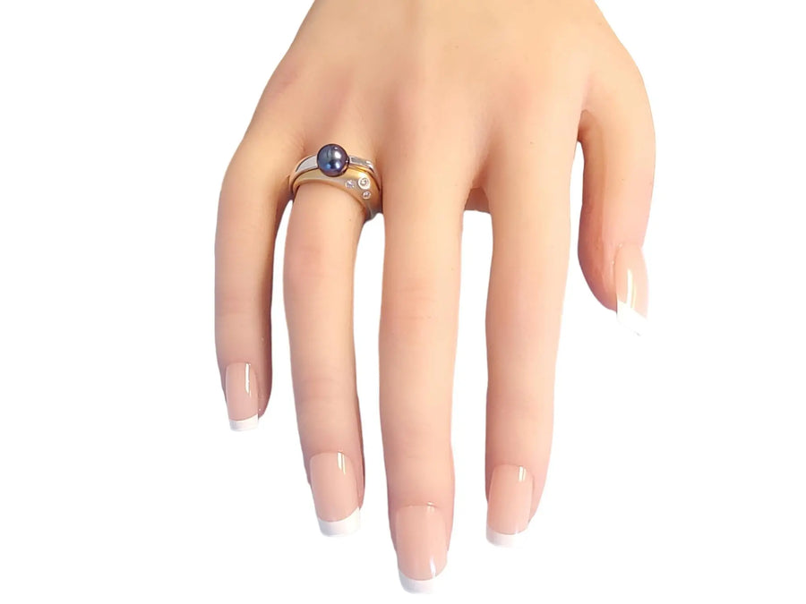 14k Signed HK Estate Ring Tahitian Pearl Rose and White Gold with VS Diamonds - Joseph Diamonds