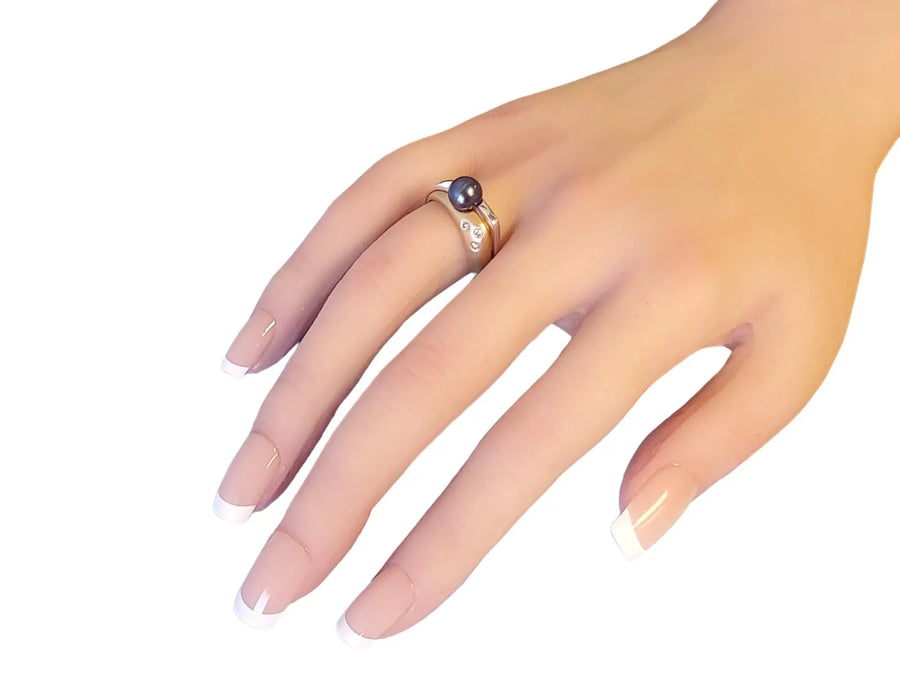 14k Signed HK Estate Ring Tahitian Pearl Rose and White Gold with VS Diamonds - Joseph Diamonds