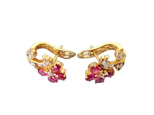 18k Yellow Gold Flower Earrings with VS Diamonds and Oval Rubies - Joseph Diamonds