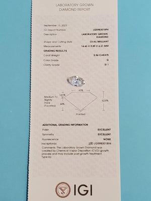 5.56ct Oval Lab Grown Diamond G SI1 Loose Diamond Extremely High Quality - Joseph Diamonds