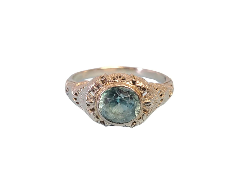 Antique Art Deco 18k white gold Filigree Ring with 7.5mm Blue Zircon - Joseph Diamonds