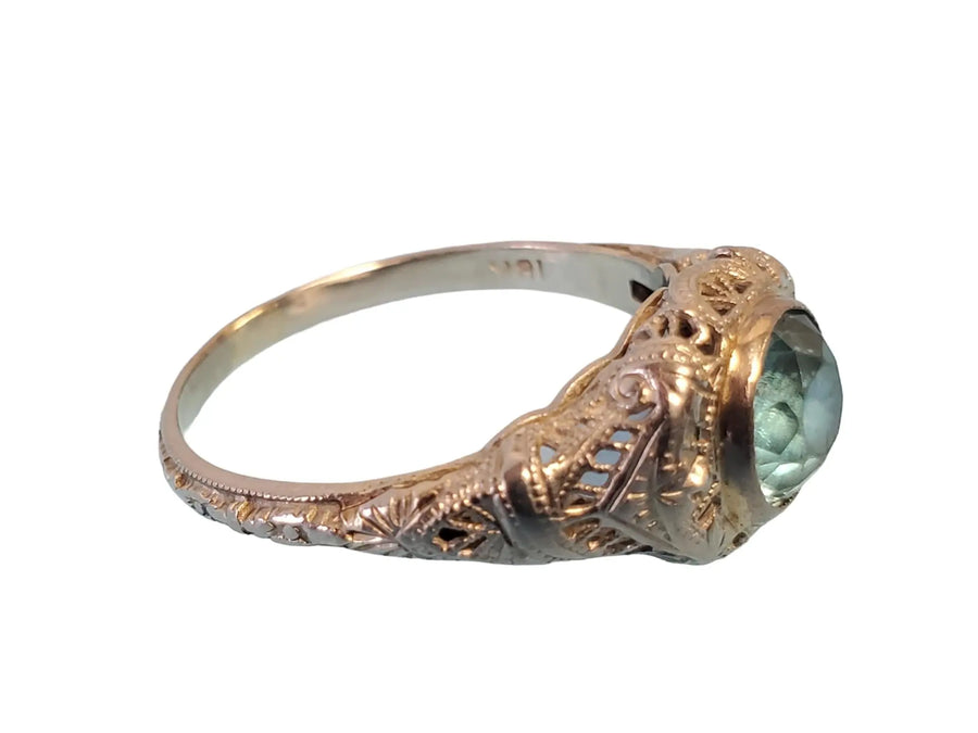 Antique Art Deco 18k white gold Filigree Ring with 7.5mm Blue Zircon - Joseph Diamonds