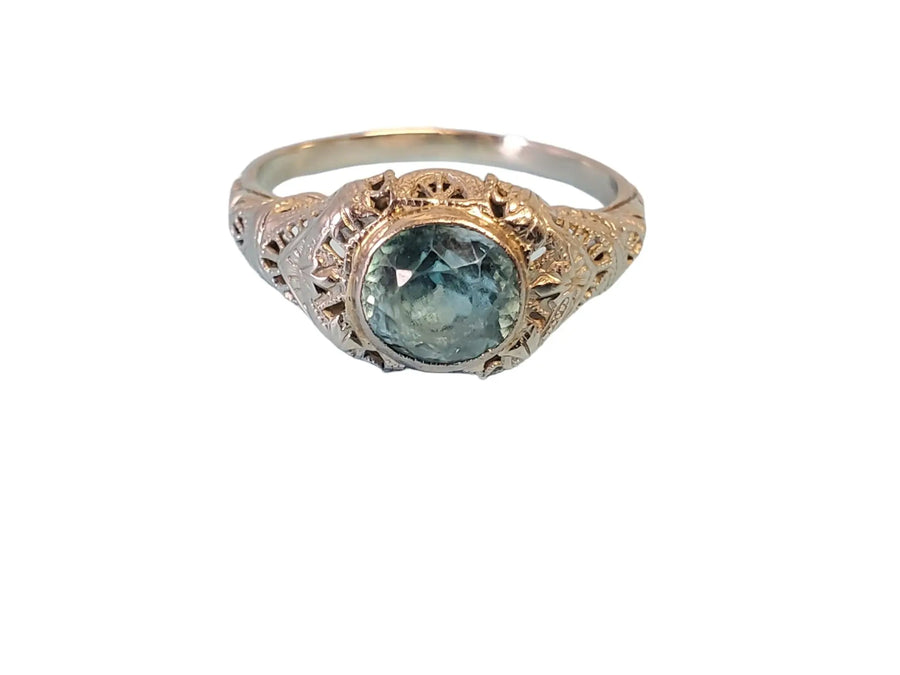 Antique Art Deco 18k white gold Filigree Ring with 7.5mm Blue Zircon - Joseph Diamonds