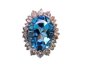 Estate 14k Topaz 3tcw Diamond Cocktail Ring Big Blue Oval