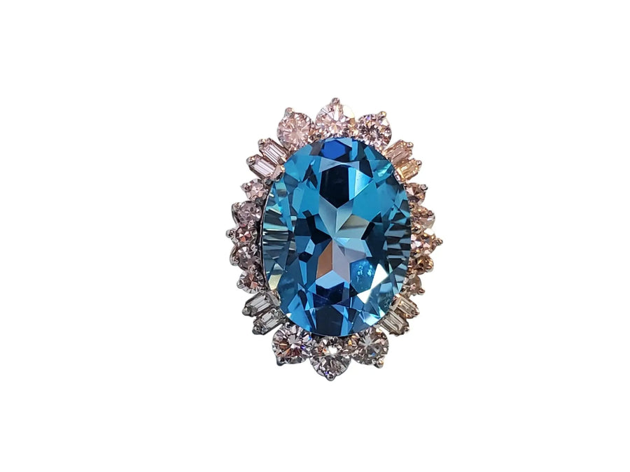 Estate 14k Topaz 3tcw Diamond Cocktail Ring Big Blue Oval