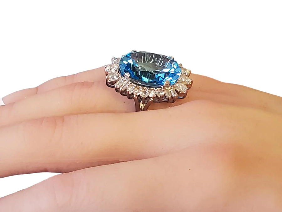Estate 14k Topaz 3tcw Diamond Cocktail Ring Big Blue Oval