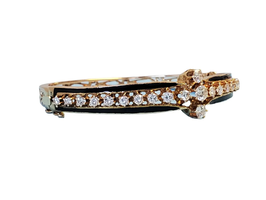 Estate Vintage Bracelet 14k Yellow Gold and Diamonds Black Enamel Mid Century - Joseph Diamonds