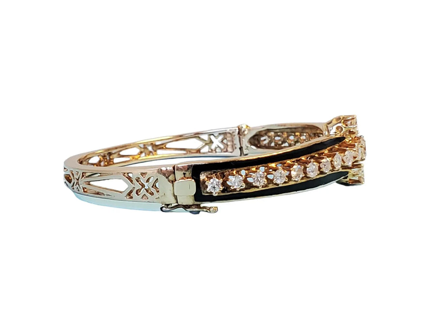 Estate Vintage Bracelet 14k Yellow Gold and Diamonds Black Enamel Mid Century - Joseph Diamonds