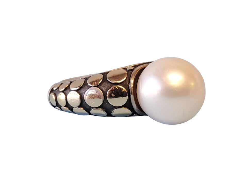 John Hardy Pearl Ring Sterling Silver 18k Yellow Gold Dot Pattern Design - Joseph Diamonds