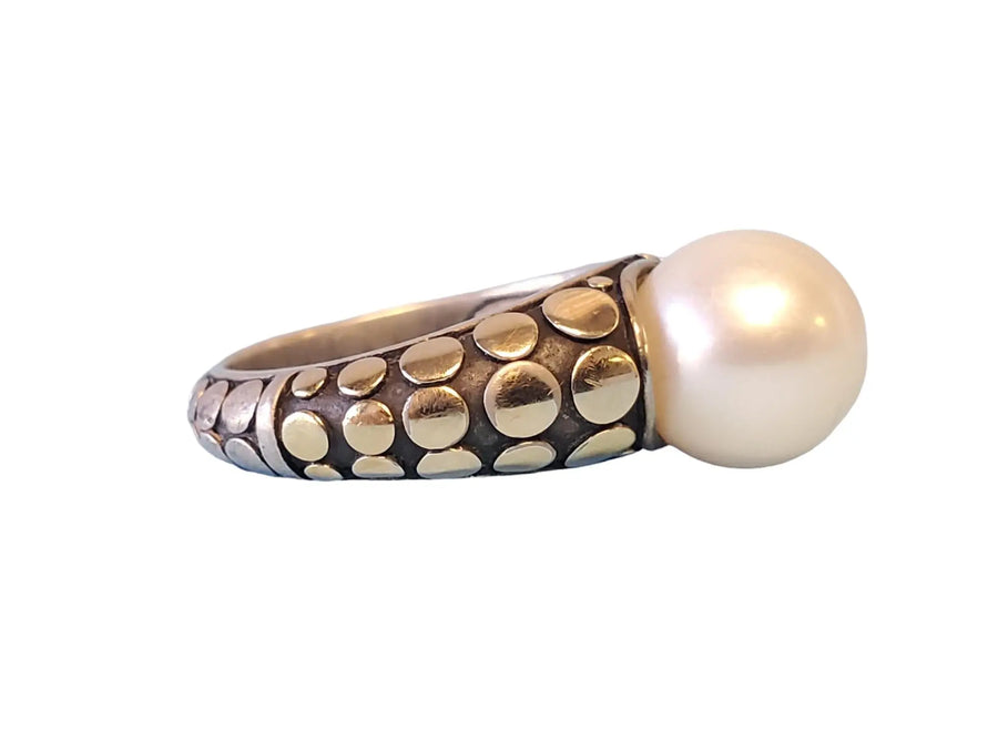 John Hardy Pearl Ring Sterling Silver 18k Yellow Gold Dot Pattern Design - Joseph Diamonds