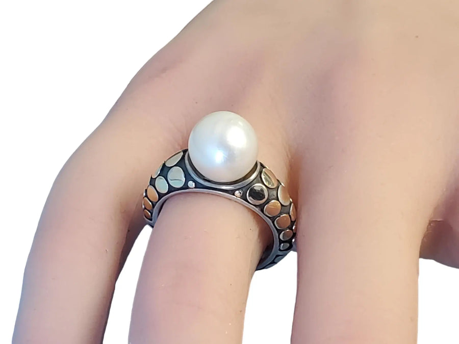 John Hardy Pearl Ring Sterling Silver 18k Yellow Gold Dot Pattern Design - Joseph Diamonds