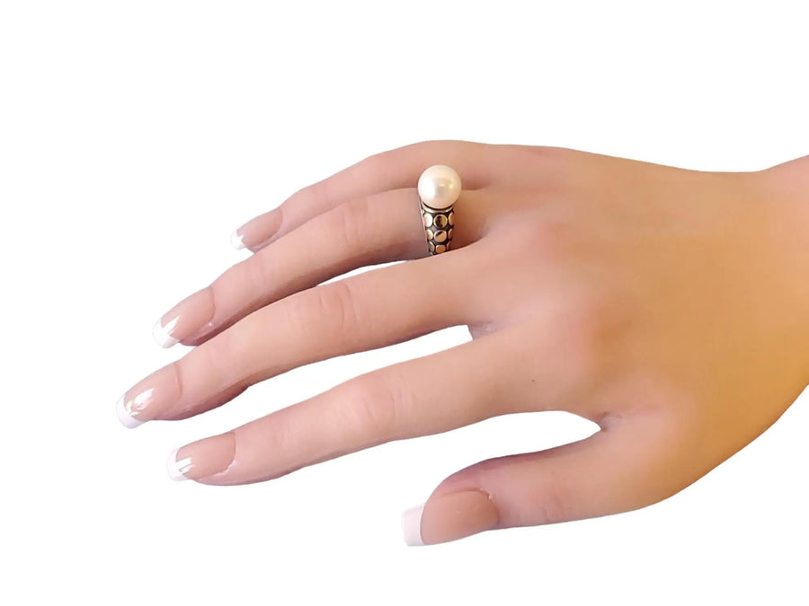 John Hardy Pearl Ring Sterling Silver 18k Yellow Gold Dot Pattern Design - Joseph Diamonds