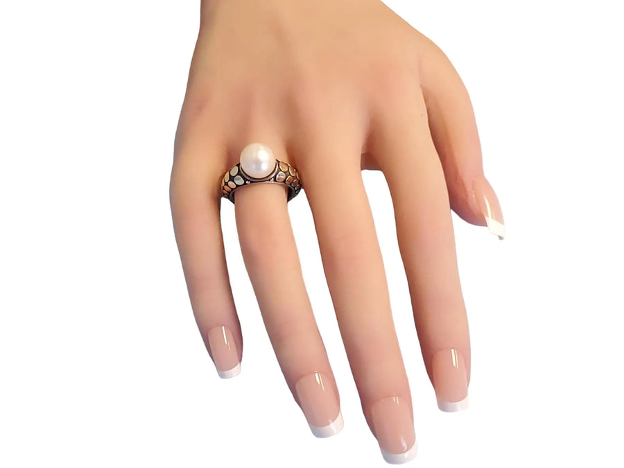 John Hardy Pearl Ring Sterling Silver 18k Yellow Gold Dot Pattern Design - Joseph Diamonds