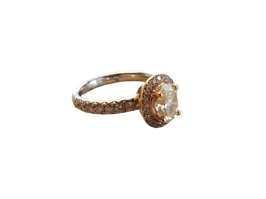 Light Yellow Oval 1.00 ct Center Diamond Ring 18k White and Rose Gold 1.6tcw - Joseph Diamonds