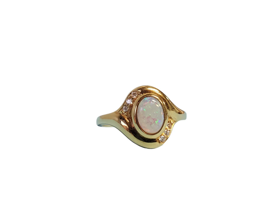 Opal 18k yellow gold ring designer bezel set white opal designer band - Joseph Diamonds