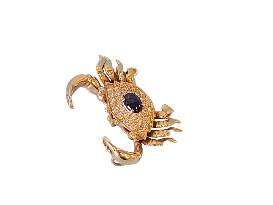 Vintage Crab Slide Pendant 14k Yellow Gold Diamonds and Blue Sapphire Cabochon