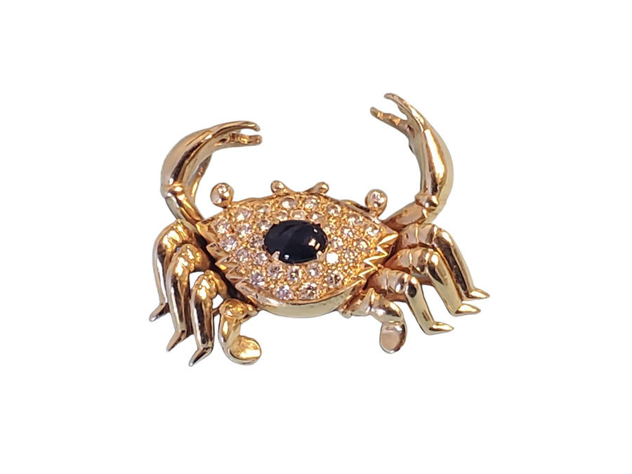 Vintage Crab Slide Pendant 14k Yellow Gold Diamonds and Blue Sapphire Cabochon