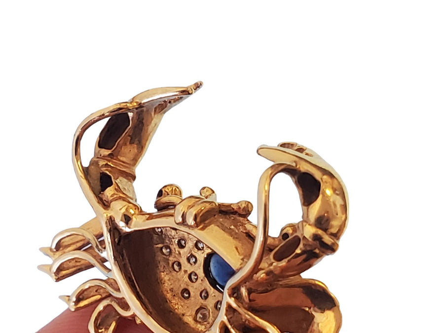 Vintage Crab Slide Pendant 14k Yellow Gold Diamonds and Blue Sapphire Cabochon