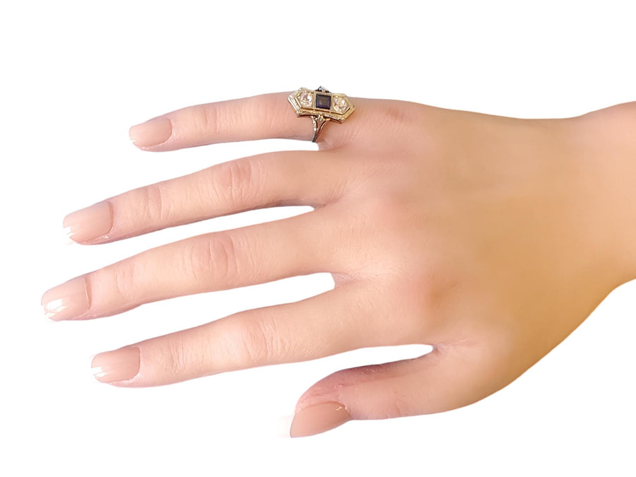 Art Deco 18k/14k Old Euro Diamond and Sapphire 3 Stone Ring .66tcw Diamonds