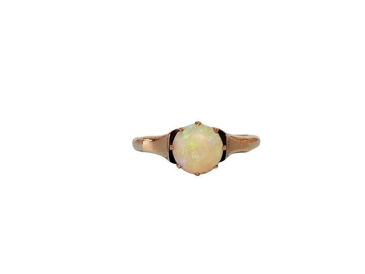 Vintage 14k Yellow Gold Round White Opal Crown Solitaire Engagement Ring