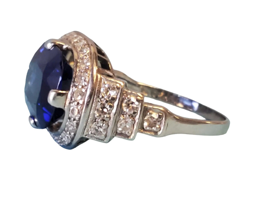 Signed Art Deco Platinum Diamond Ring Synthetic Blue Oval Sapphire Center Stone - Joseph Diamonds