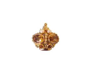 Vintage Pendant Crown 18k Yellow Gold Charm Oval Citrine and Pearls - Joseph Diamonds