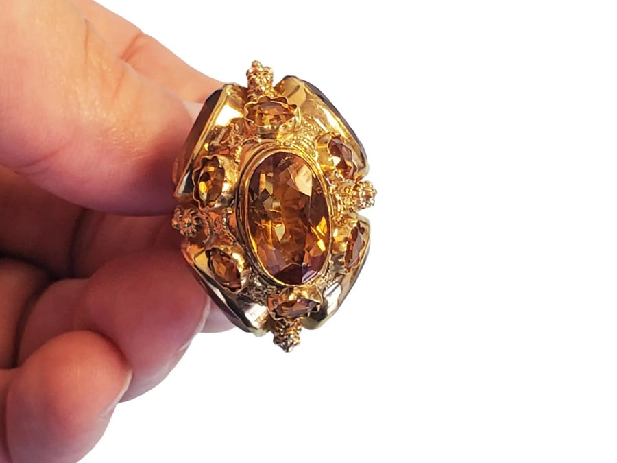 Vintage Pendant Crown 18k Yellow Gold Charm Oval Citrine and Pearls - Joseph Diamonds