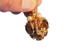 Vintage Pendant Crown 18k Yellow Gold Charm Oval Citrine and Pearls - Joseph Diamonds