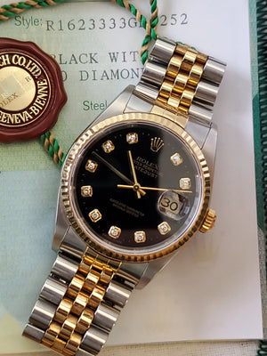 Rolex Men's Datejust Watch 16233 Black Diamond Dial w/ box and papers - Joseph Diamonds